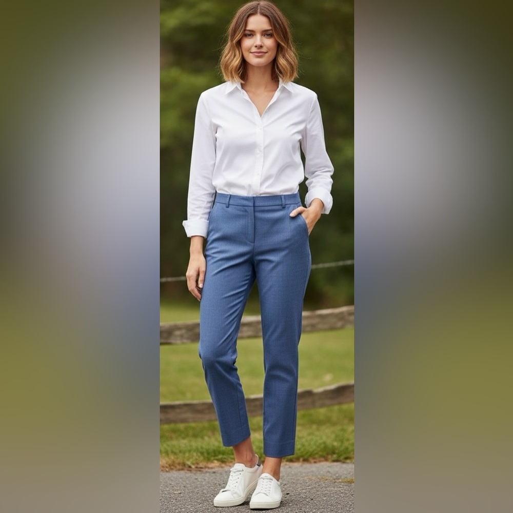 Banana Republic grey/light blue ankle length pants, mid-rise, zipper, pockets, 2